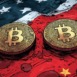 Abstract bitcoin coins on us and china flags, geopolitical crypto conflict